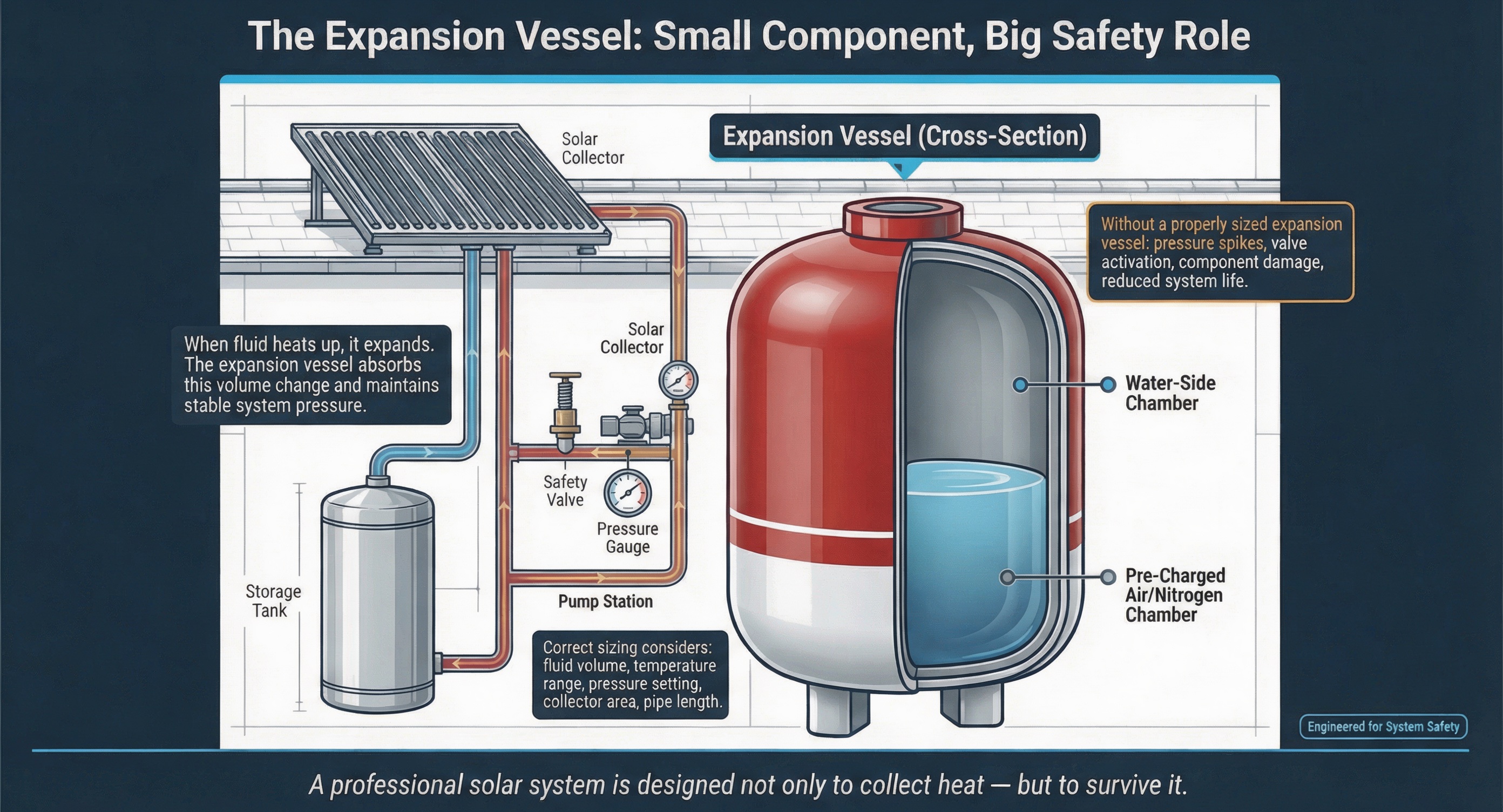 Expansion vessel safety diagram for split solar water heater system showing pressure stabilization, pre-charged air chamber, water-side chamber, safety valve, pressure gauge, pump station, and solar collector loop